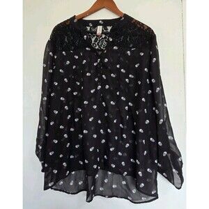 No Boundaries Blouse Womens 2XL All Over Skull Print Sheer Black Top Goth Grunge